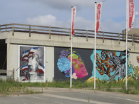 907093 Gezicht op drie van de tien graffitikunstwerken die gemaakt zijn tijdens het evenement 'Time Cap' (20-21 mei ...